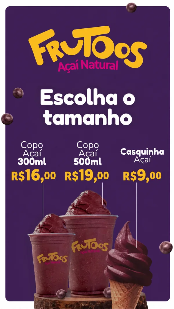 Cardápio Maroma, página 1 de 13 — Açaí Frutoos: escolha o tamanho