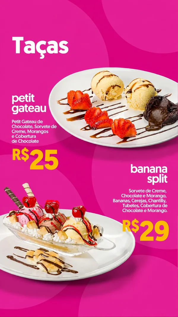 Cardápio Maroma, página 7 de 13 — Taças: petit gateau e banana split