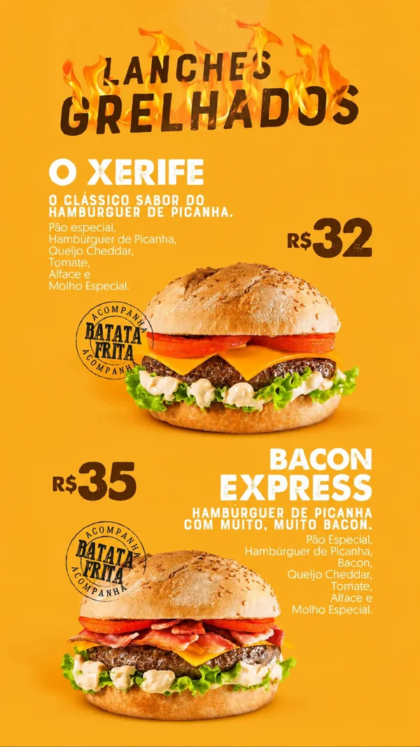 Cardápio Maroma, página 8 de 13 — Lanches grelhados: O Xerife e Bacon Express