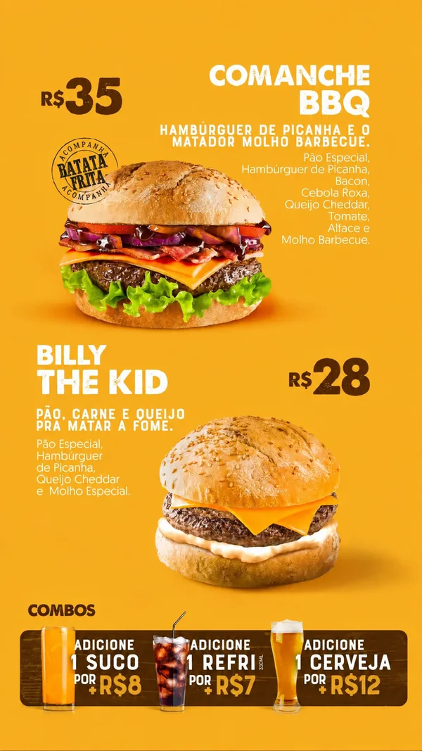 Cardápio Maroma, página 9 de 13 — Lanches: Comanche BBQ, Billy the Kid e combos